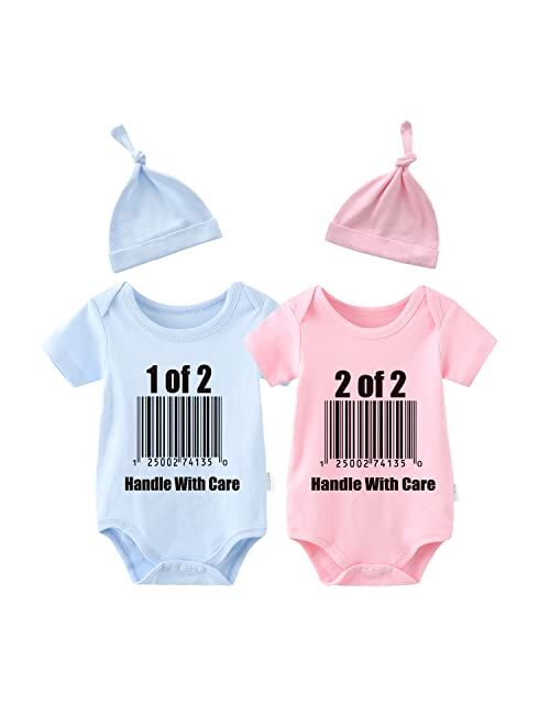 YSCULBUTOL Baby Twins Bodysuit Handle With Care Baby Girl Clothes Funny Baby Romper With Hat Set