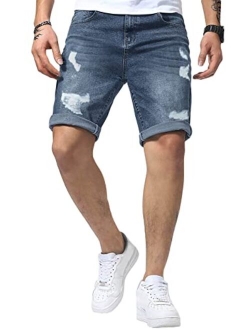 Renaowin Mens Shorts Casual Denim Stretch Slim Fit Washed Distressed Washed Distressed Rolled Ripped Jean Shorts for Men