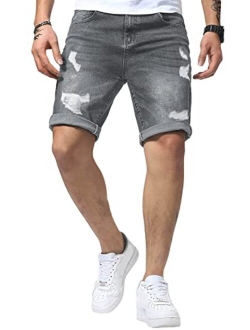 Renaowin Mens Shorts Casual Denim Stretch Slim Fit Washed Distressed Washed Distressed Rolled Ripped Jean Shorts for Men