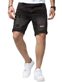 Renaowin Mens Shorts Casual Denim Stretch Slim Fit Washed Distressed Washed Distressed Rolled Ripped Jean Shorts for Men