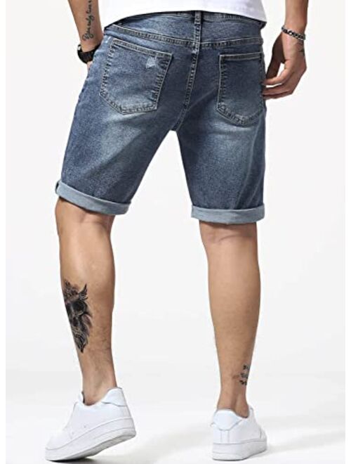 Renaowin Mens Shorts Casual Denim Stretch Slim Fit Washed Distressed Washed Distressed Rolled Ripped Jean Shorts for Men