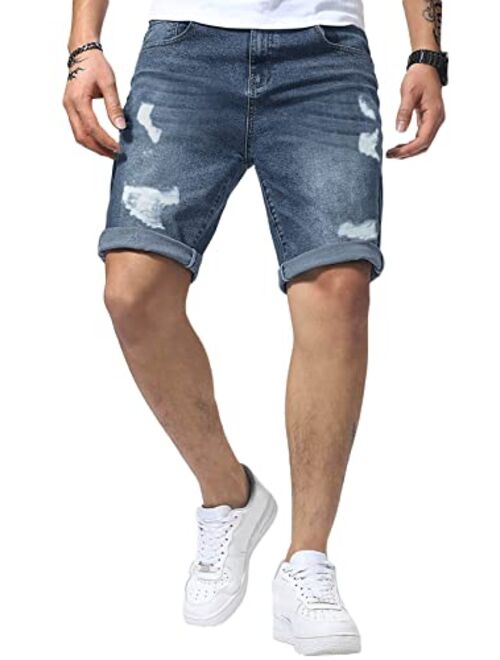 Renaowin Mens Shorts Casual Denim Stretch Slim Fit Washed Distressed Washed Distressed Rolled Ripped Jean Shorts for Men