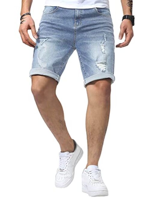 Renaowin Mens Shorts Casual Denim Stretch Slim Fit Washed Distressed Washed Distressed Rolled Ripped Jean Shorts for Men