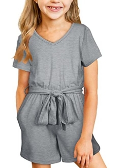 Happy Sailed Girls Ruffle Sleeve Jumpsuit Summer High Waist Crewneck Pocket Long Romper Jumpsuit Size 4-11