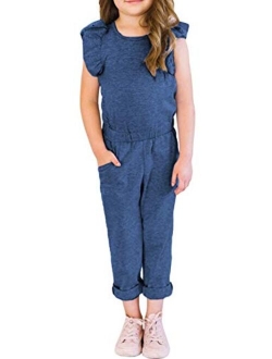 Happy Sailed Girls Ruffle Sleeve Jumpsuit Summer High Waist Crewneck Pocket Long Romper Jumpsuit Size 4-11