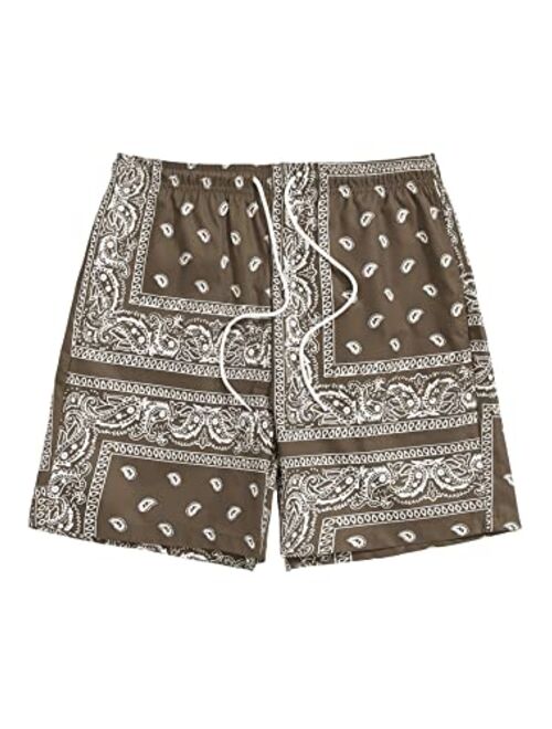 Floerns Men's Boho Tribal Print Drawstring Waist Summer Shorts with Pocket