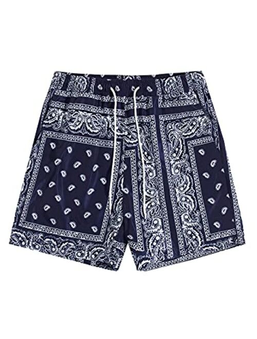 Floerns Men's Boho Tribal Print Drawstring Waist Summer Shorts with Pocket