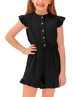 BesserBay Girl's Summer Ruffled Flutter-Sleeve Jumpsuit Button Down Crewneck Romper 5-14 Years