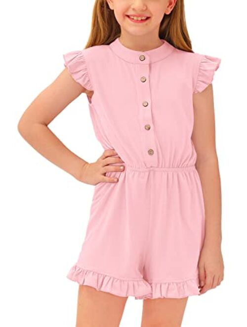 BesserBay Girl's Summer Ruffled Flutter-Sleeve Jumpsuit Button Down Crewneck Romper 5-14 Years