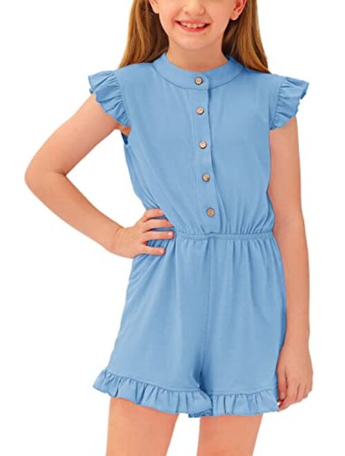 BesserBay Girl's Summer Ruffled Flutter-Sleeve Jumpsuit Button Down Crewneck Romper 5-14 Years