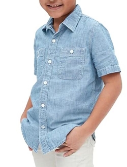 Yasiter Boys' Short Sleeve Denim Shirts Cotton Button Down Classic Collared Solid Color Fit Jean Shirt Tops with Chest Pockets