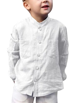 Haojiaho Kids Linen Shirts Boys Toddler Button Down Long Sleeve Banded Collar Summer School Solid Tops