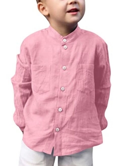 Haojiaho Kids Linen Shirts Boys Toddler Button Down Long Sleeve Banded Collar Summer School Solid Tops