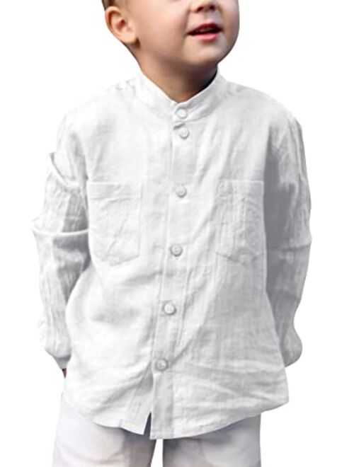 Haojiaho Kids Linen Shirts Boys Toddler Button Down Long Sleeve Banded Collar Summer School Solid Tops