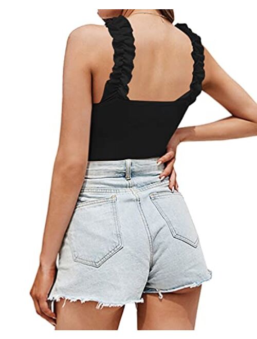 MANGOPOP Square Neck Ruffle Strap Stretchy Tank Tops Bodysuit for Women