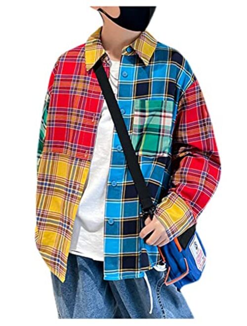 CYLADY Boys' Girl Long Sleeve Plaid Patchwork Button Down Collared Dress Shirt