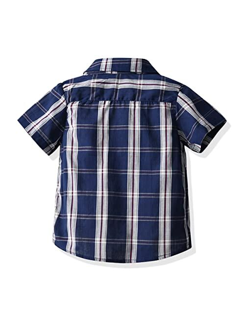 Babamoon Toddler Baby Boys Summer Button Down Shirt Short Sleeve Strip Plaid Print Formal Dress Shirt