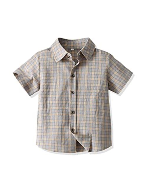 Babamoon Toddler Baby Boys Summer Button Down Shirt Short Sleeve Strip Plaid Print Formal Dress Shirt