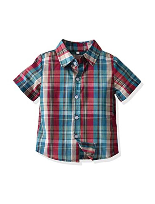 Babamoon Toddler Baby Boys Summer Button Down Shirt Short Sleeve Strip Plaid Print Formal Dress Shirt