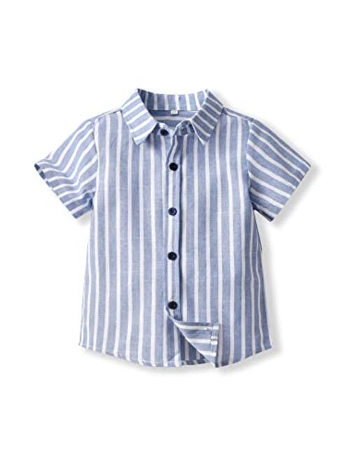 Babamoon Toddler Baby Boys Summer Button Down Shirt Short Sleeve Strip Plaid Print Formal Dress Shirt