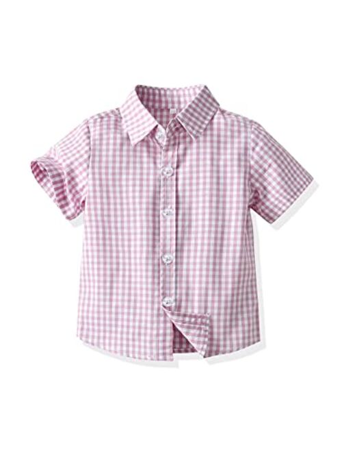 Babamoon Toddler Baby Boys Summer Button Down Shirt Short Sleeve Strip Plaid Print Formal Dress Shirt