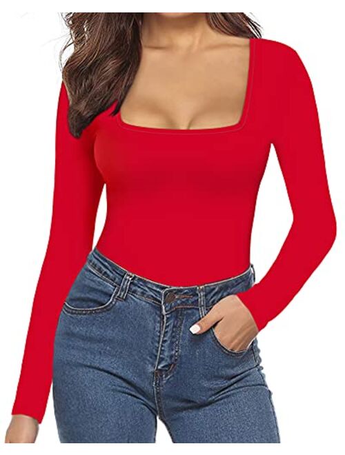 MANGOPOP Women's Square Neck Sleeveless Tank Top Long Sleeve Bodysuits Jumpsuits