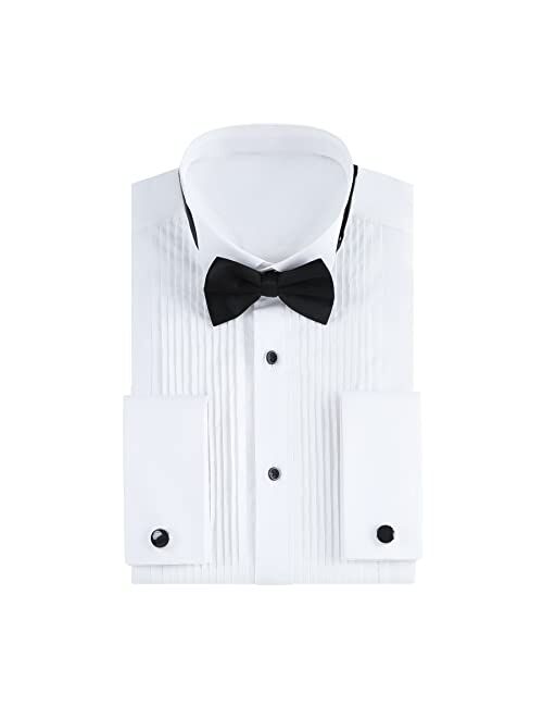 Gollnwe Men's Tuxedo Shirt Wing Collar French Cuffs with Cufflinks and Bow Tie