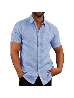 JEKAOYI Button Down Short Sleeve Linen Shirts for Men Summer Casual Cotton Spread Collar Beach Shirts