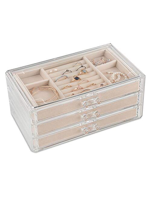 Acrylic Jewelry Organizer Box Women 3 Drawers Clear Storage Case for Girls Bracelet, Necklace & Ring Holder with Velvet Lining by Simple Goods