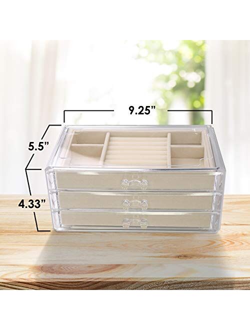 Acrylic Jewelry Organizer Box Women 3 Drawers Clear Storage Case for Girls Bracelet, Necklace & Ring Holder with Velvet Lining by Simple Goods