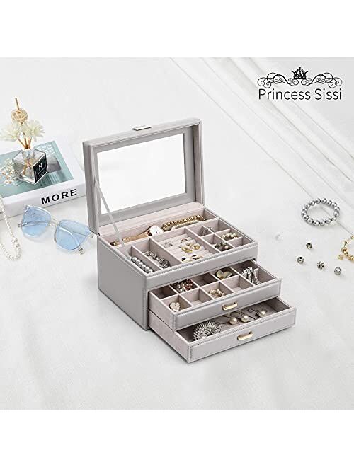 Vlando Jewelry Organizer Box for Girls Women, 3 Layer Large Jewelry Boxes with 2 Drawers, Glass Lid Leather Jewelry Storage for Necklaces Earrings Rings Bracelets Watches