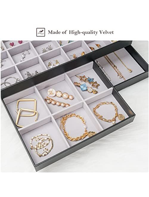 ProCase Set of 3 Stackable Jewelry Trays Organizer for Drawers, Jewellery Drawer Insert Divider Jewel Display Storage Container with Removable Dividers for Ring Earring N