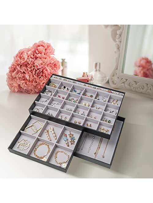 ProCase Set of 3 Stackable Jewelry Trays Organizer for Drawers, Jewellery Drawer Insert Divider Jewel Display Storage Container with Removable Dividers for Ring Earring N