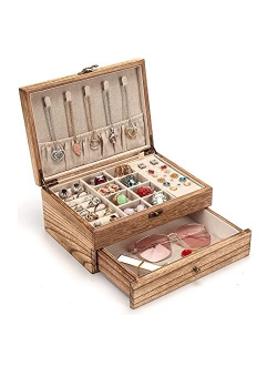 Pinzoveco Jewelry Box for Women, Rustic Wooden Jewelry Organizer Box for Storage Earrings Rings Necklace Bracelet, Farmhouse Style Wood Jewelry Boxes & Organizers