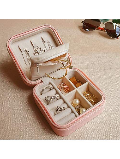 HerFav Travel Jewelry Organizer, Small Jewelry Box Mini Portable Jewelry Case for Rings Earrings & Necklace for Women Girls (Pink)