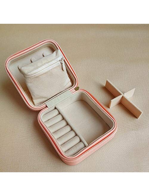 HerFav Travel Jewelry Organizer, Small Jewelry Box Mini Portable Jewelry Case for Rings Earrings & Necklace for Women Girls (Pink)