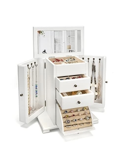 Emfogo Jewelry Box for Women, Rustic Wooden Jewelry Boxes & Organizers with Mirror, 4 Layer Jewelry Organizer Box Display for Rings Earrings Necklaces Bracelets