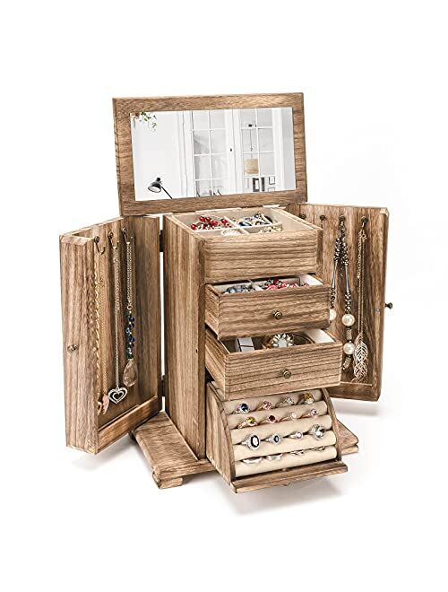 Emfogo Jewelry Box for Women, Rustic Wooden Jewelry Boxes & Organizers with Mirror, 4 Layer Jewelry Organizer Box Display for Rings Earrings Necklaces Bracelets