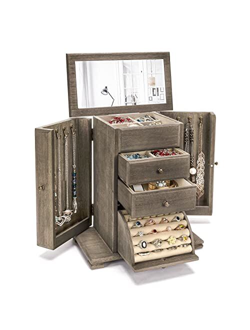 Emfogo Jewelry Box for Women, Rustic Wooden Jewelry Boxes & Organizers with Mirror, 4 Layer Jewelry Organizer Box Display for Rings Earrings Necklaces Bracelets