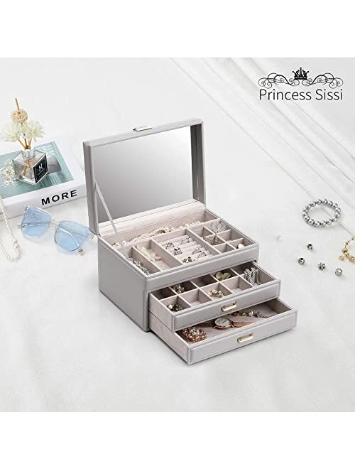 Vlando Mirrored 3 Layers Jewelry Box Organizer, One-Handed High Capacity Soft PU Leather Wooden Decorative Jewelry Storage Case for Bracelets, Earrings, Rings, Necklaces,