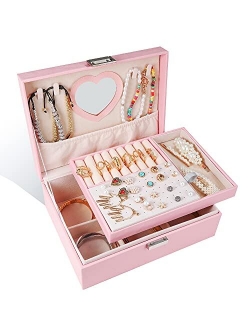 VALUNELL Jewelry Box for Girls Two-Layer PU Leather Jewelry Organizer Box With Lock and Heart Mirror