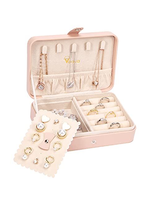 Voova Jewelry Organizer Box, Small Travel Jewelry Case for Women Teen Girls, Leather Portable Jewellery Storage Boxes Display Holder with Smart Earrings Plate for Necklac