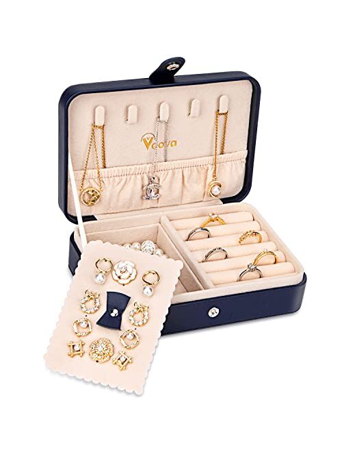 Voova Jewelry Organizer Box, Small Travel Jewelry Case for Women Teen Girls, Leather Portable Jewellery Storage Boxes Display Holder with Smart Earrings Plate for Necklac