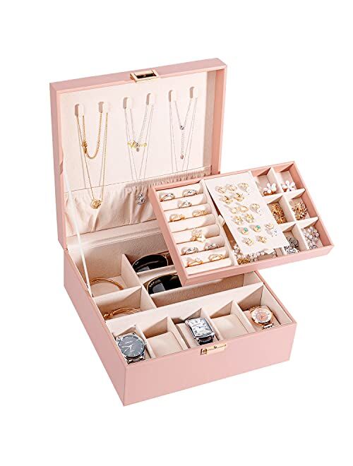 Voova Jewelry Box Organizer for Women Teen Girls,2 Layer Large Watch Storage Case for Men,PU Leather Display Jewellery Holder with Removable Tray for Watches Sunglasses R