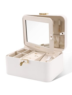 KAMIER Jewelry Boxes for Women, 2 Layers PU Leather Jewelry Organizer Lockable Display with Mirror for Earring Ring Necklace Bracelet