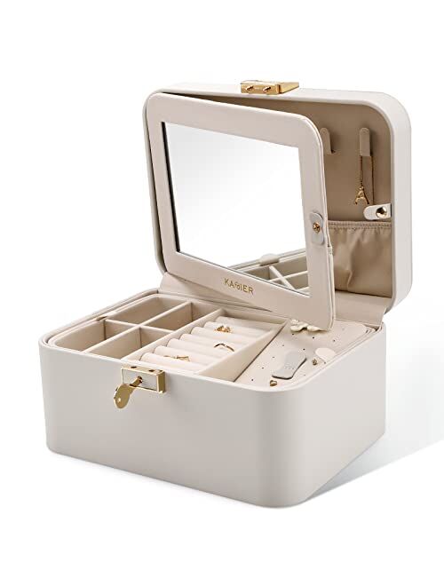 KAMIER Jewelry Boxes for Women, 2 Layers PU Leather Jewelry Organizer Lockable Display with Mirror for Earring Ring Necklace Bracelet