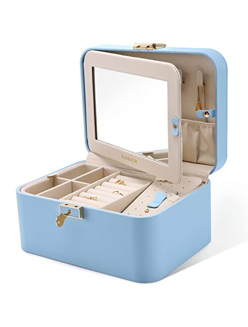 KAMIER Jewelry Boxes for Women, 2 Layers PU Leather Jewelry Organizer Lockable Display with Mirror for Earring Ring Necklace Bracelet