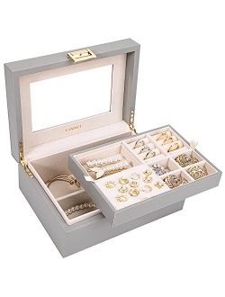 LANDICIJewelryBoxforWomenTeenGirls, LargeLeather JewelleryOrganizerStorageCasewithMirrorand2LayerRemovableTray