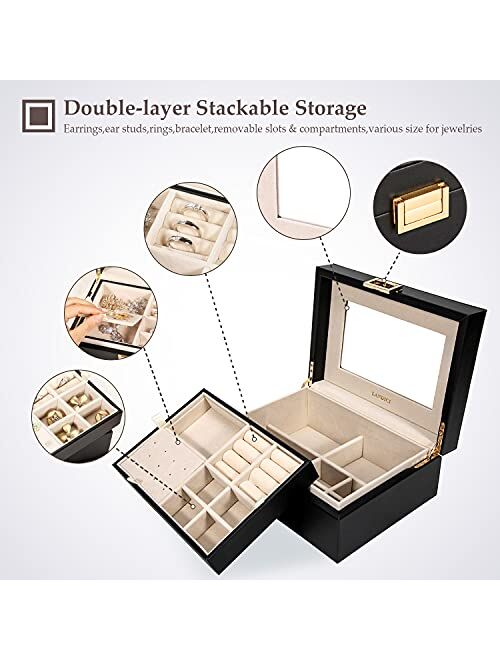 LANDICIJewelryBoxforWomenTeenGirls, LargeLeather JewelleryOrganizerStorageCasewithMirrorand2LayerRemovableTray