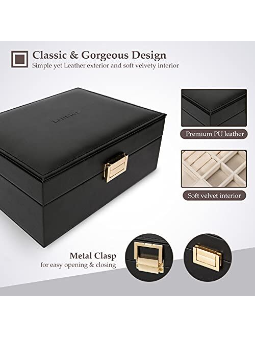 LANDICIJewelryBoxforWomenTeenGirls, LargeLeather JewelleryOrganizerStorageCasewithMirrorand2LayerRemovableTray